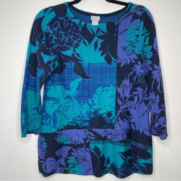 Chico's Floral Round Neck Pullover Sweater Jacquard Blue Purple Knit Sz 0 Small - Picture 1 of 6